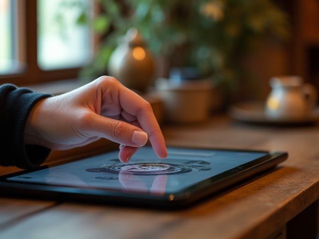 Une main artisanale travaillant sur une tablette numérique, symbolisant la fusion de l'artisanat et du numérique.