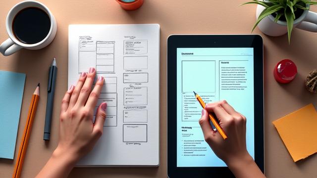 Tablette affichant un wireframe UX pendant que des mains esquissent des idées sur un carnet, symbolisant la conception d'expérience utilisateur.